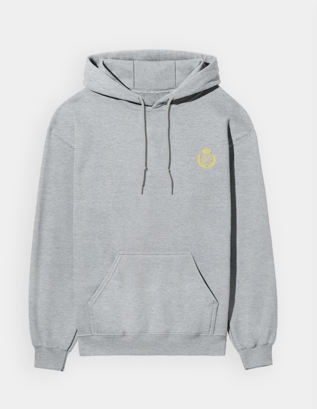 Gray hoodie with a yellow logo on a white background