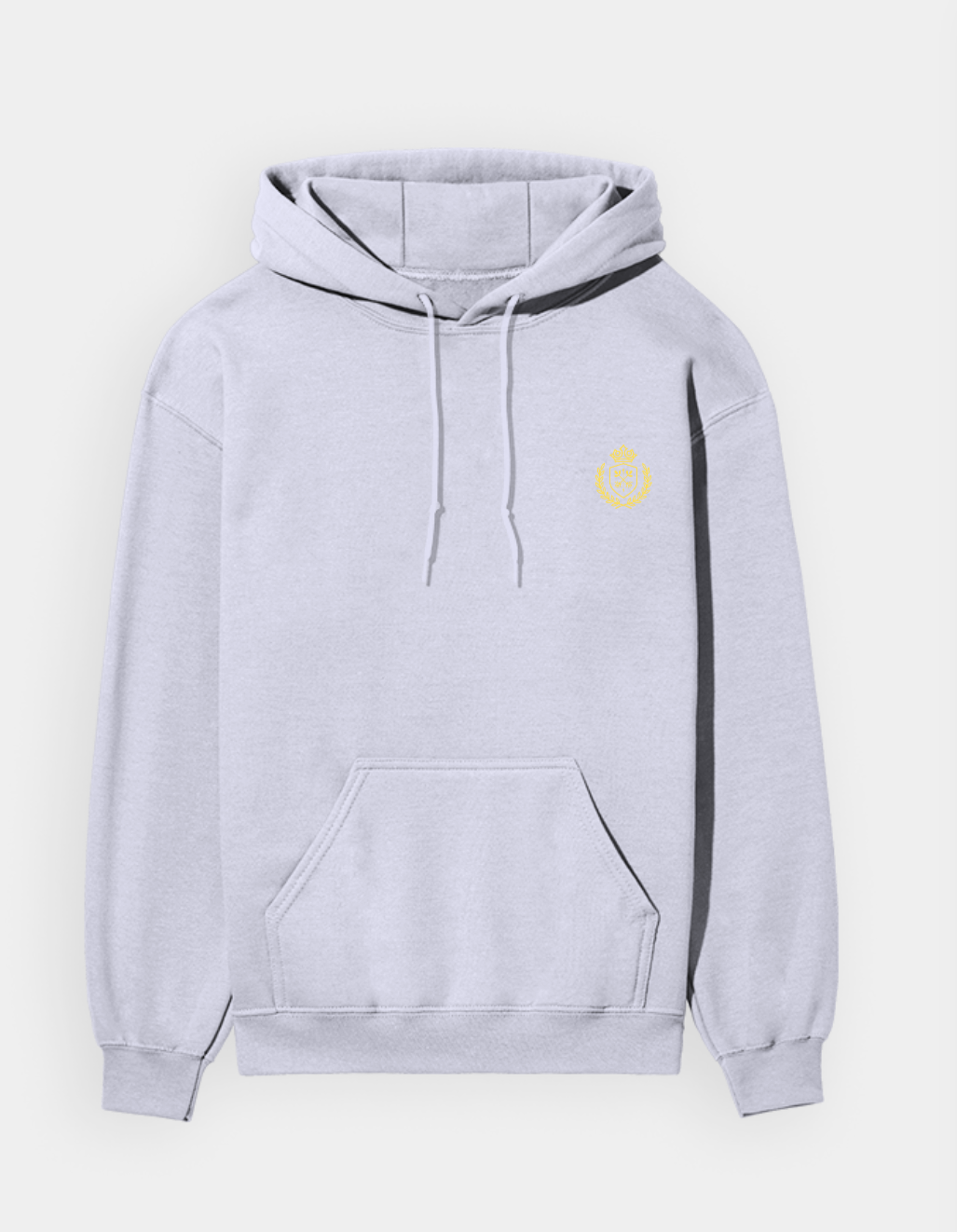 Light gray hoodie with a small yellow logo on a white background