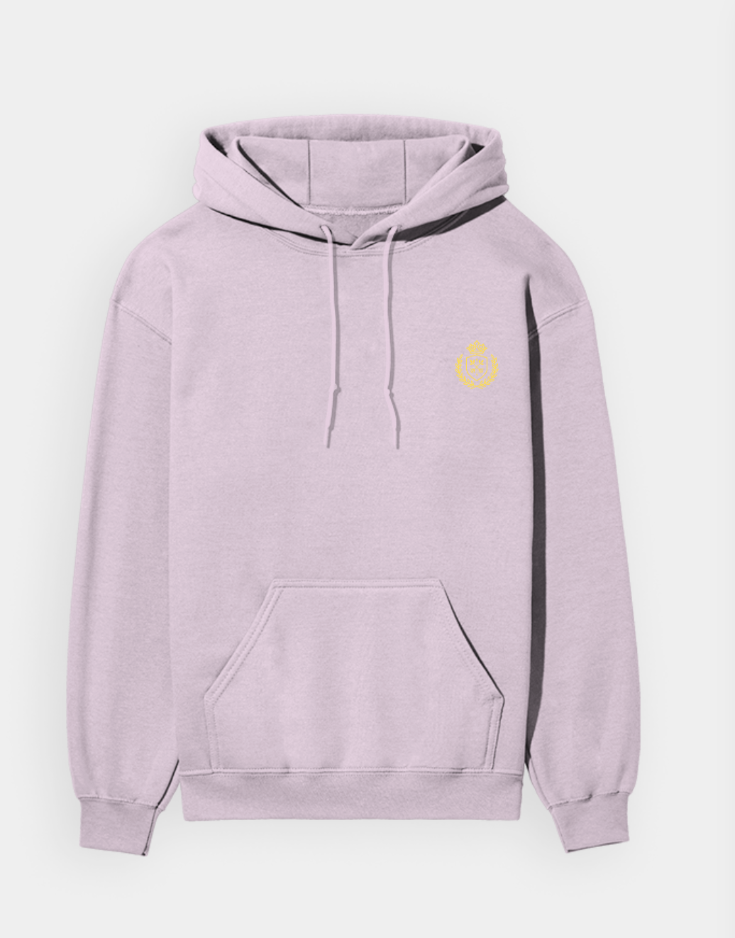 Light purple hoodie with a small yellow logo on a white background
