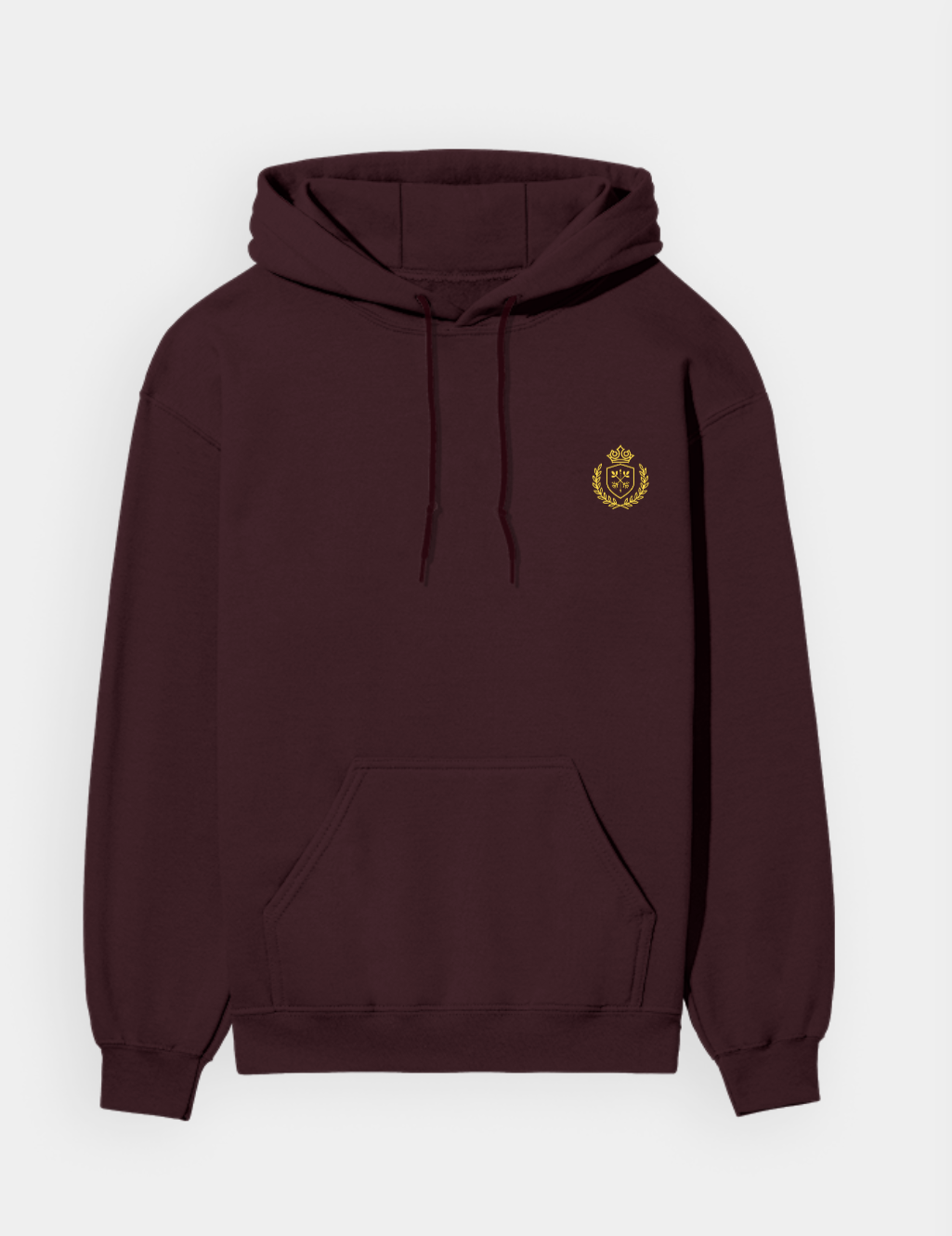 Maroon hoodie with a gold emblem on a white background