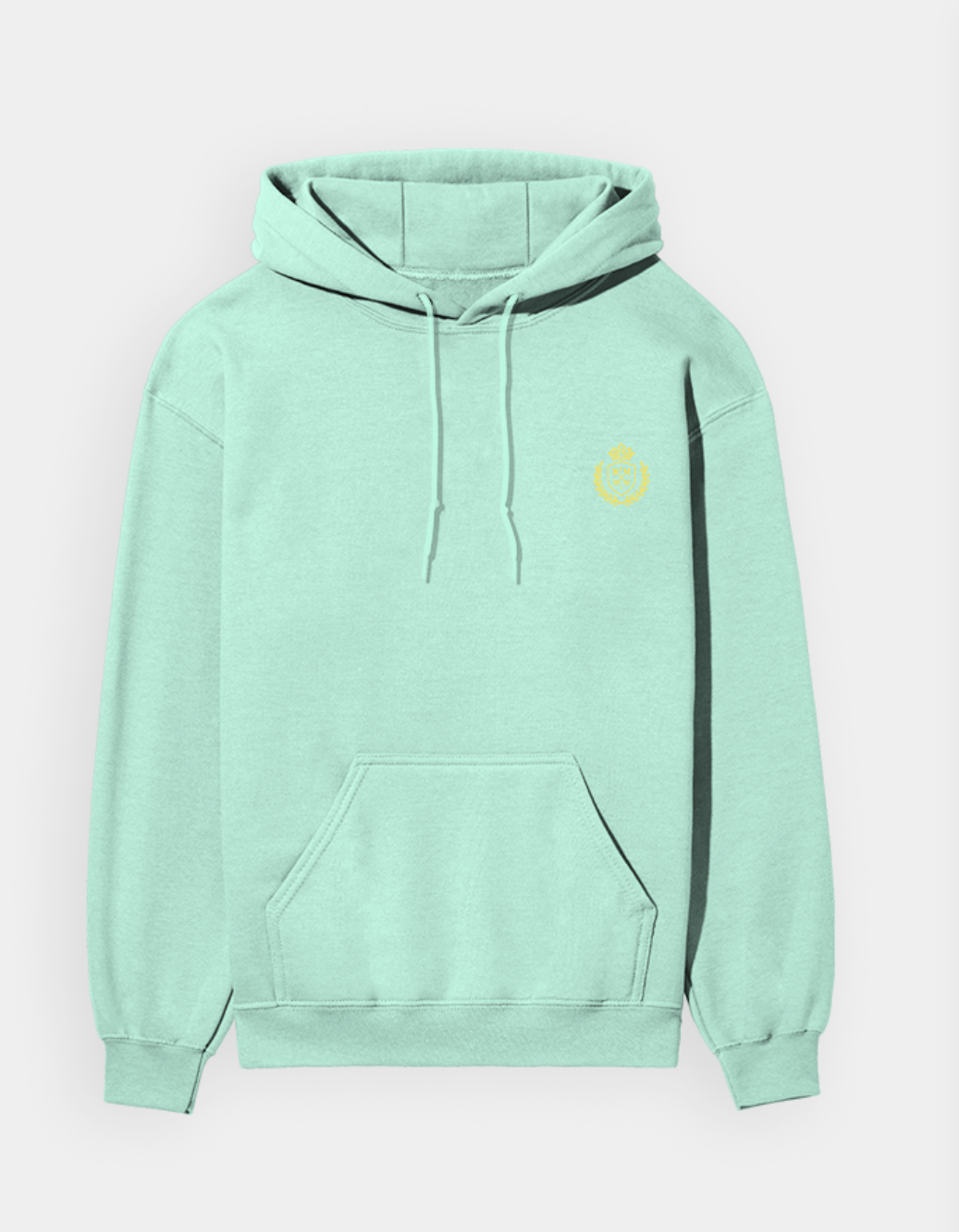 Light blue hoodie with a small yellow logo on a light gray background