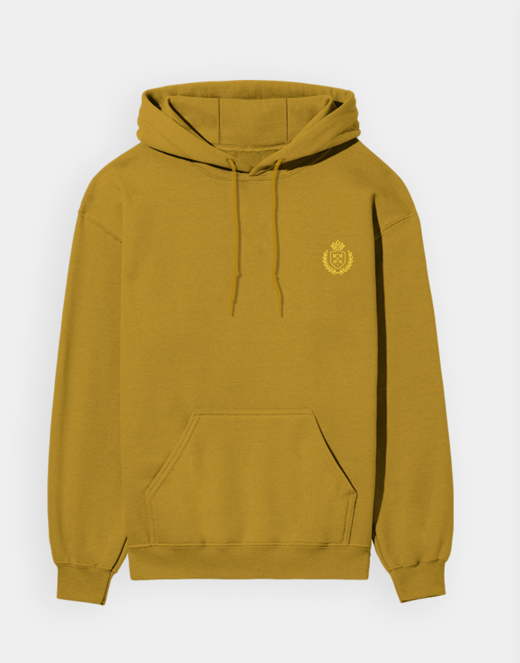 Mustard yellow hoodie with a logo on the chest against a white background