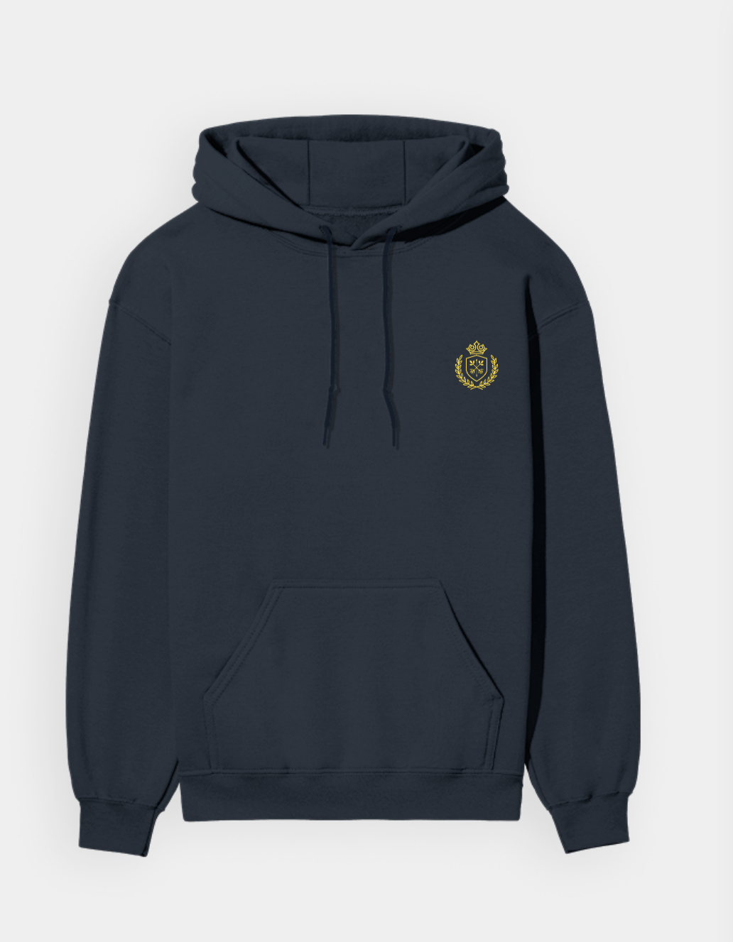 Navy blue hoodie with a gold emblem on a white background