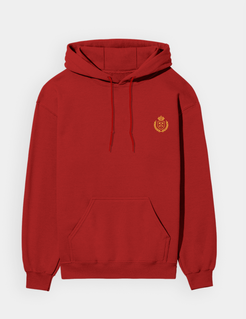 Red hoodie with a gold emblem on a white background