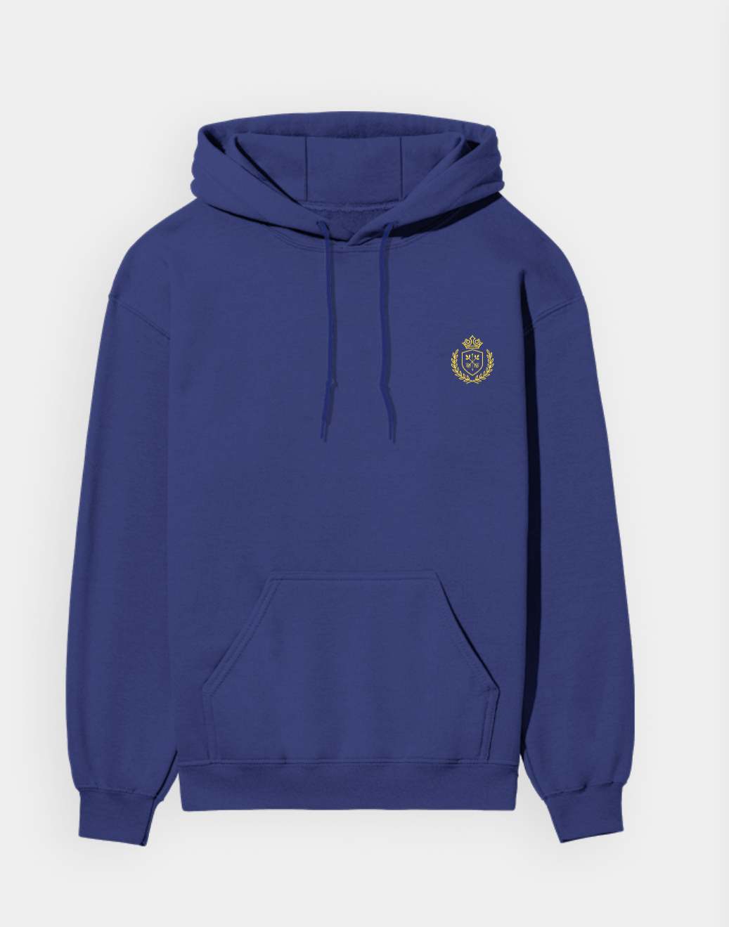 Blue hoodie with a logo on the chest against a white background