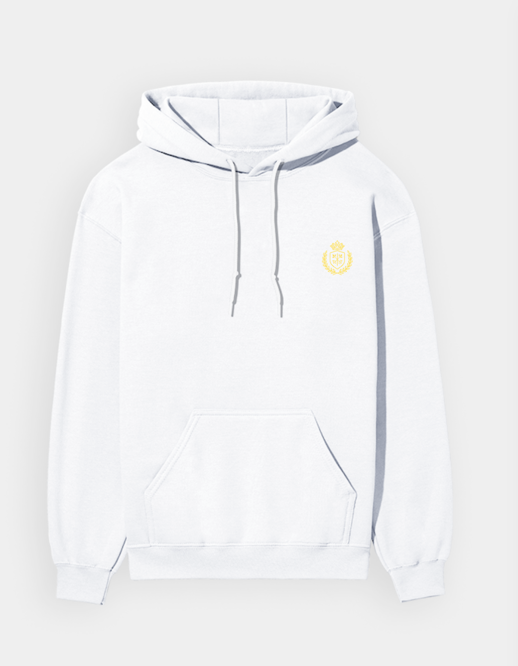 White hoodie with a small yellow logo on a light gray background