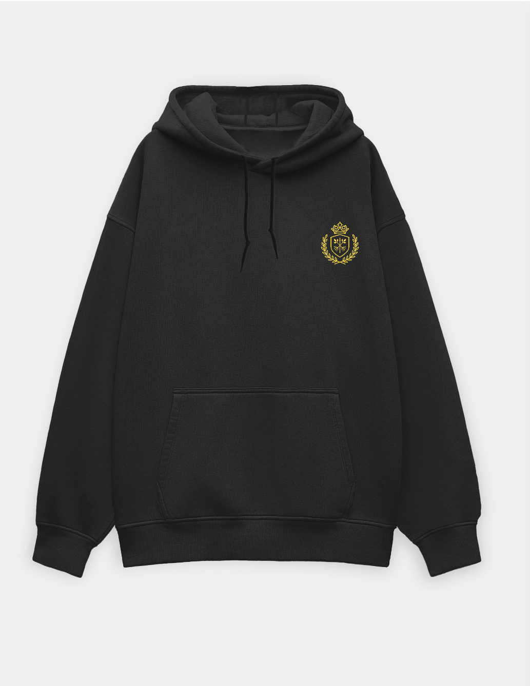 Black hoodie with a gold emblem on a white background premium