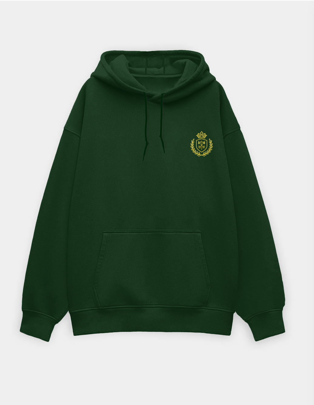 Green hoodie with a gold emblem on a white background