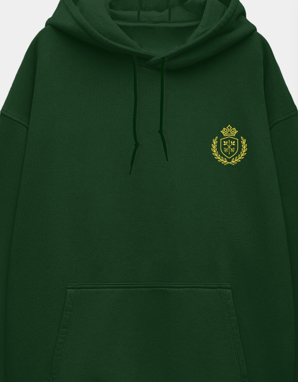 Green hoodie with a gold emblem on the chest against a white background
