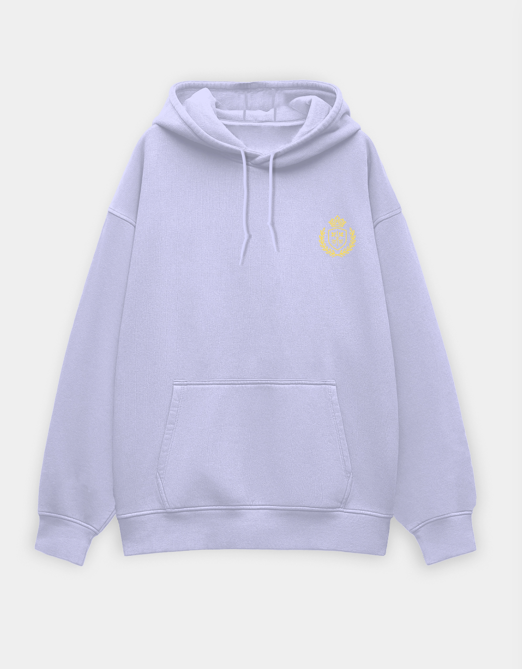 Lavender hoodie with a yellow logo on a white background