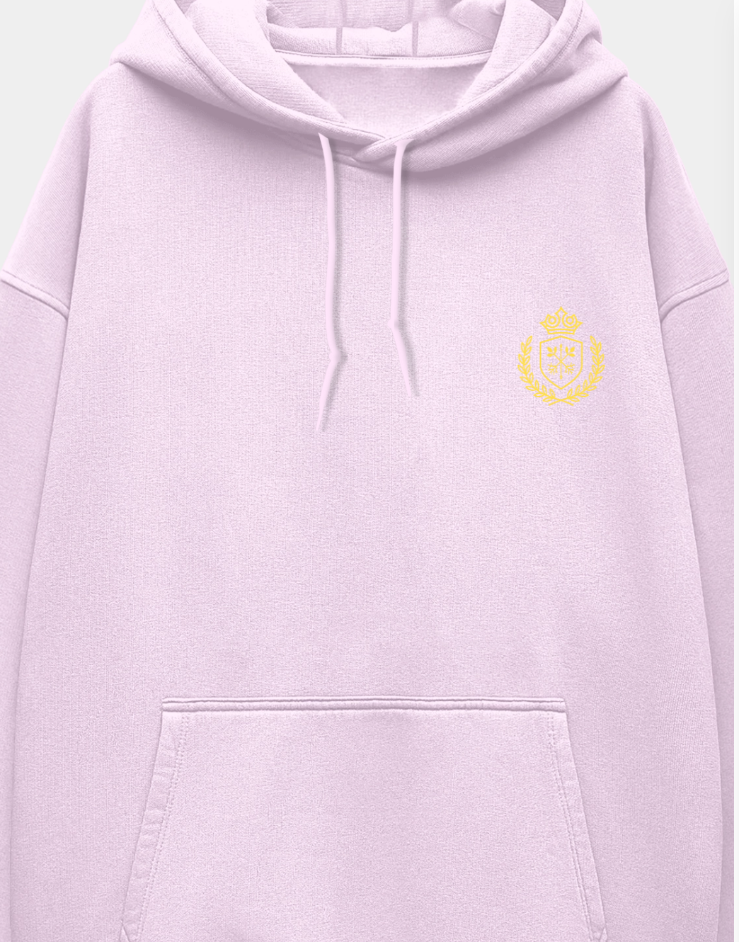 Light pink hoodie with a yellow logo on a light gray background