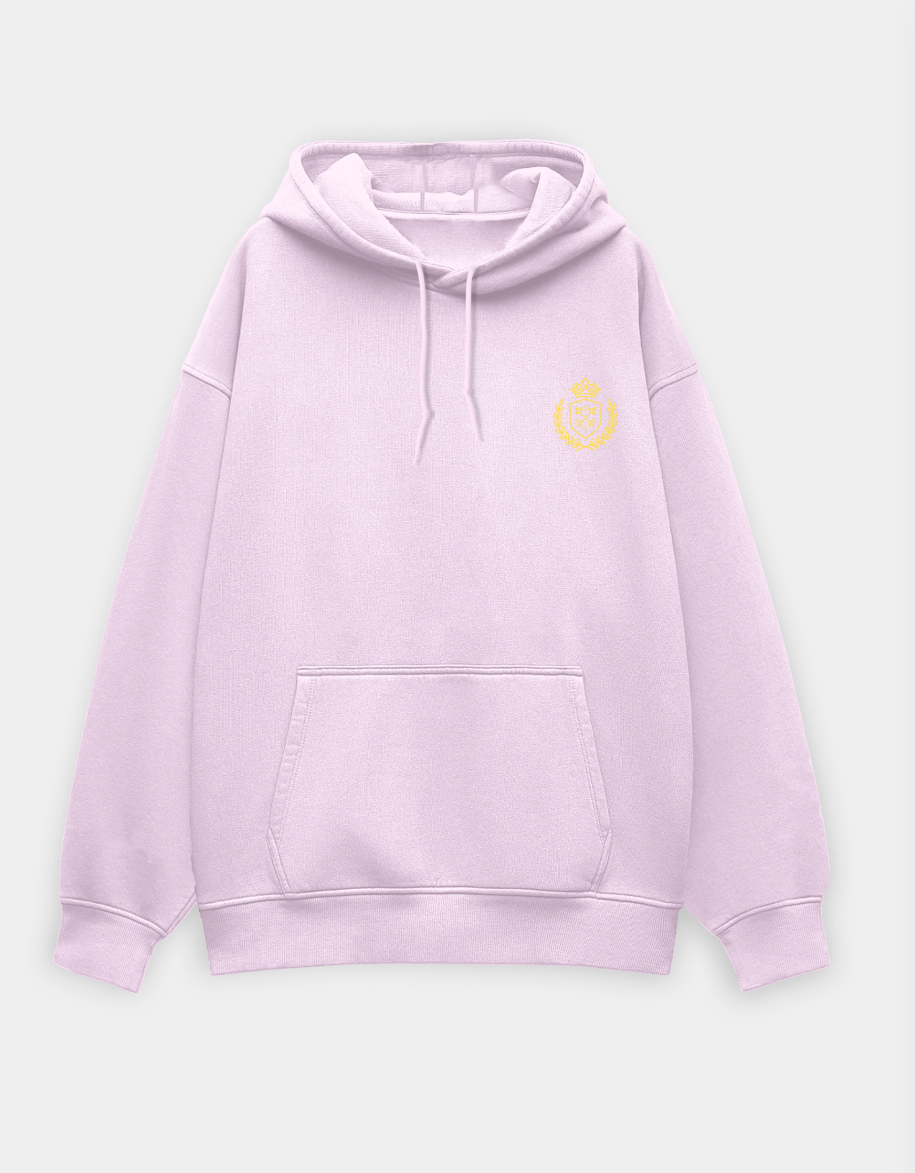 Light pink hoodie with a small yellow logo on a light gray background