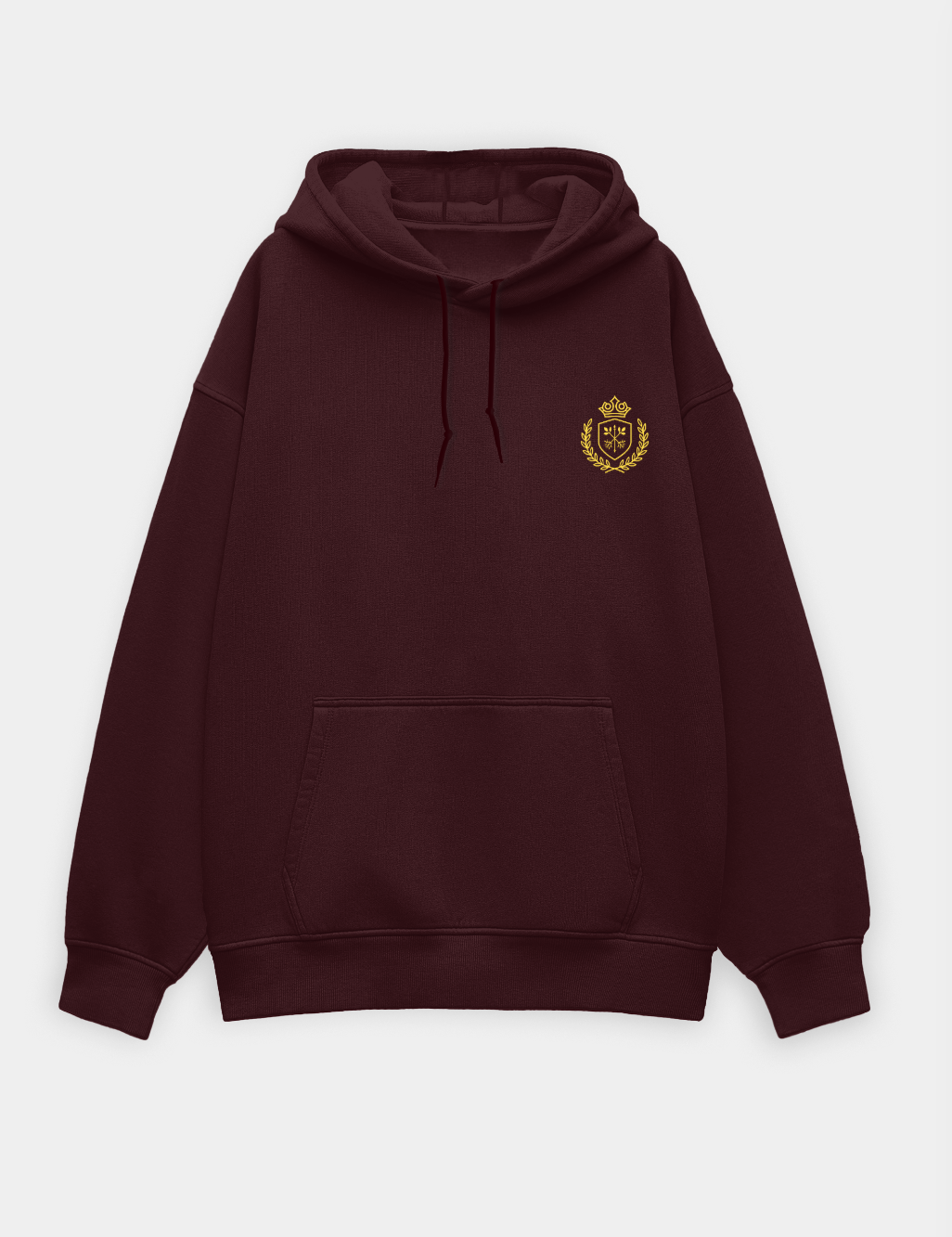 Maroon hoodie with a gold emblem on a light gray background