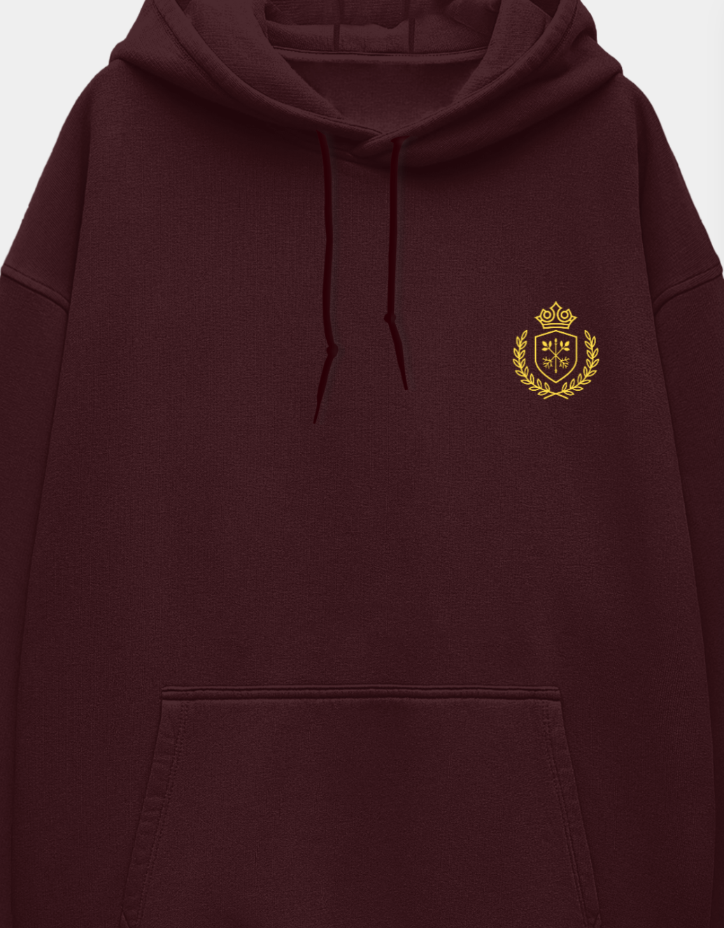 Maroon hoodie with a gold emblem on the chest against a white background