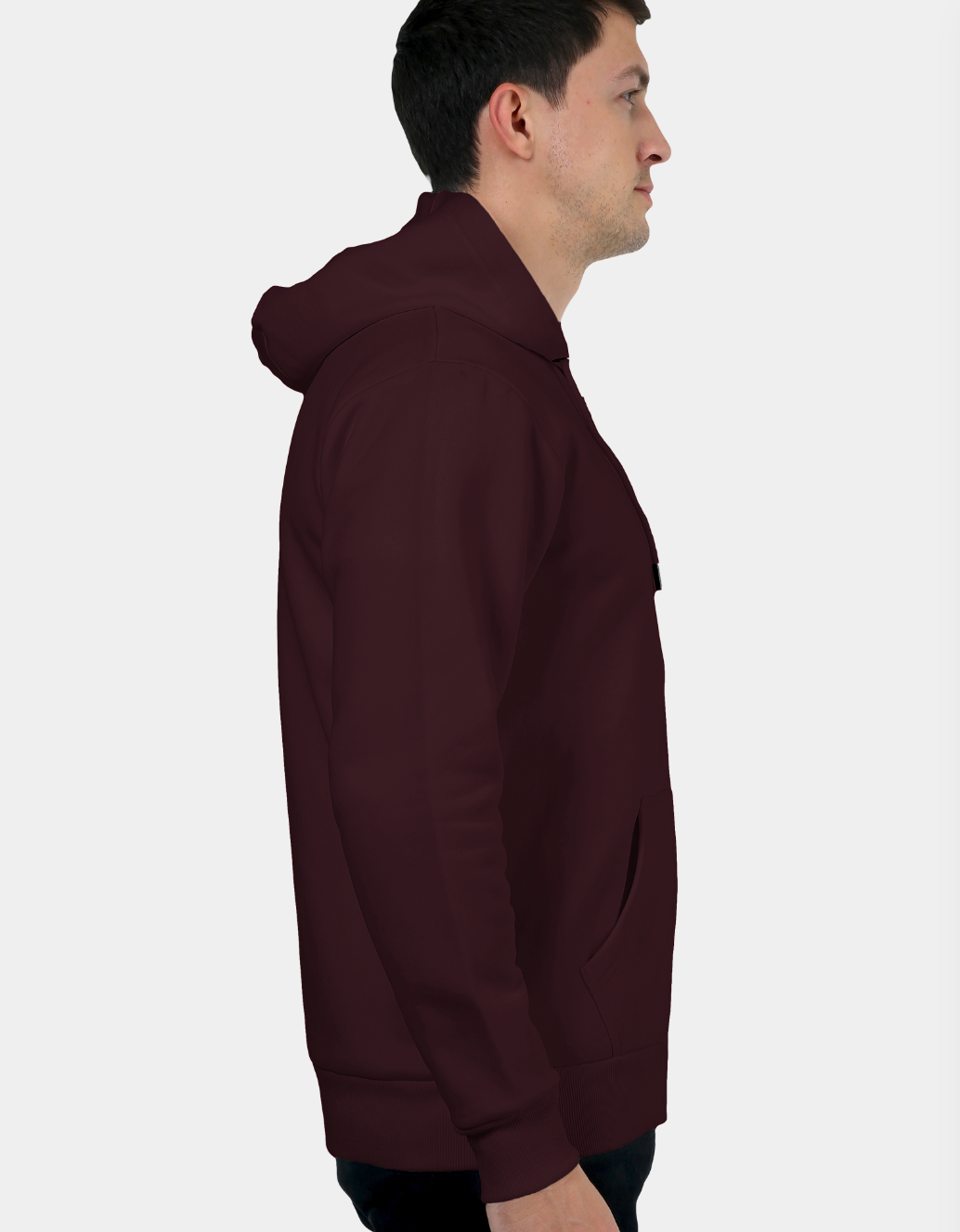 Person wearing a maroon hoodie on a white background