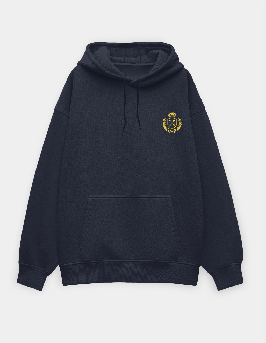 Navy blue hoodie with a gold emblem on the chest against a light gray background