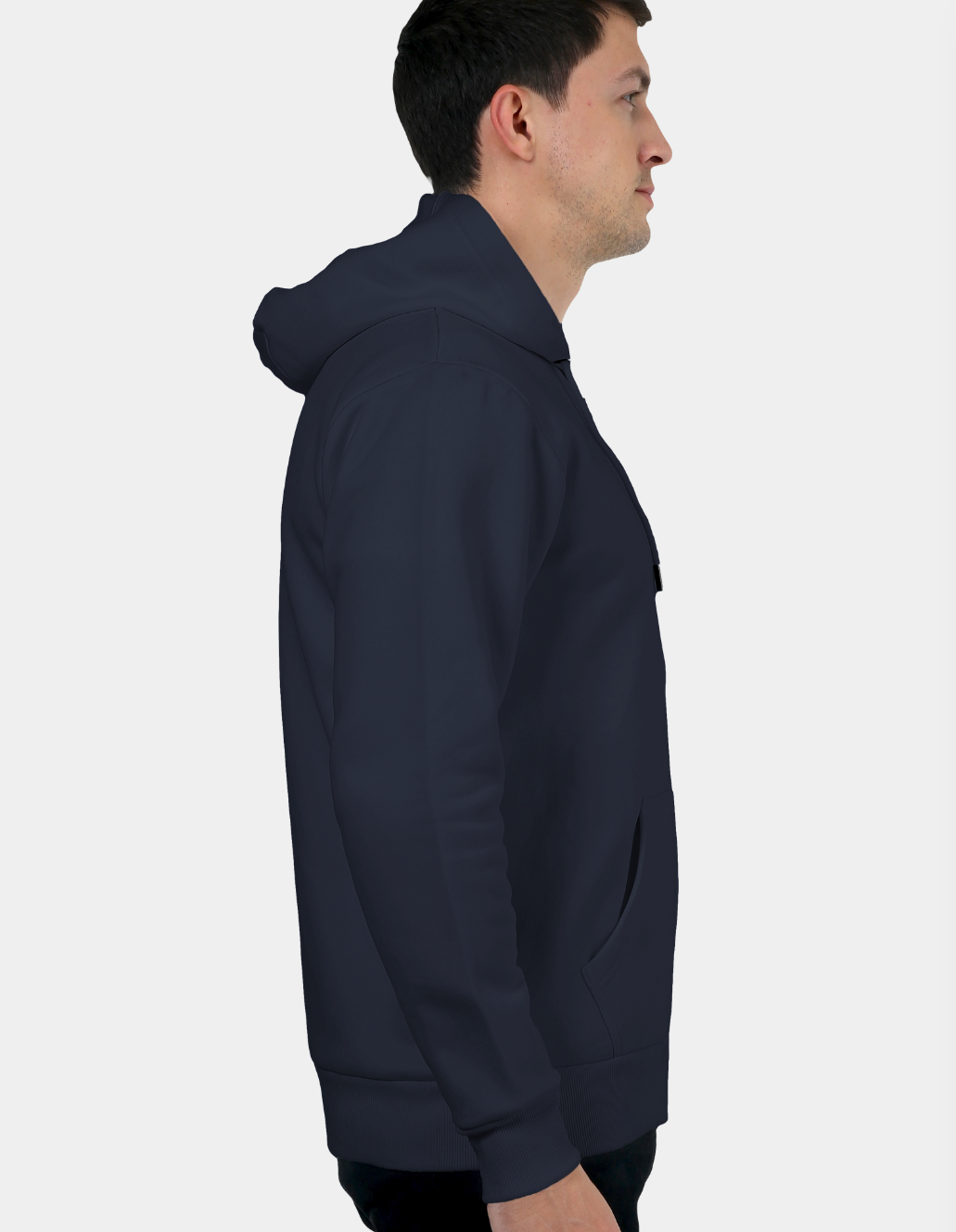 Man wearing a navy blue hoodie on a white background
