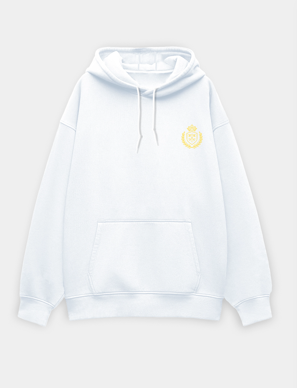 White hoodie with a yellow logo on a light gray background