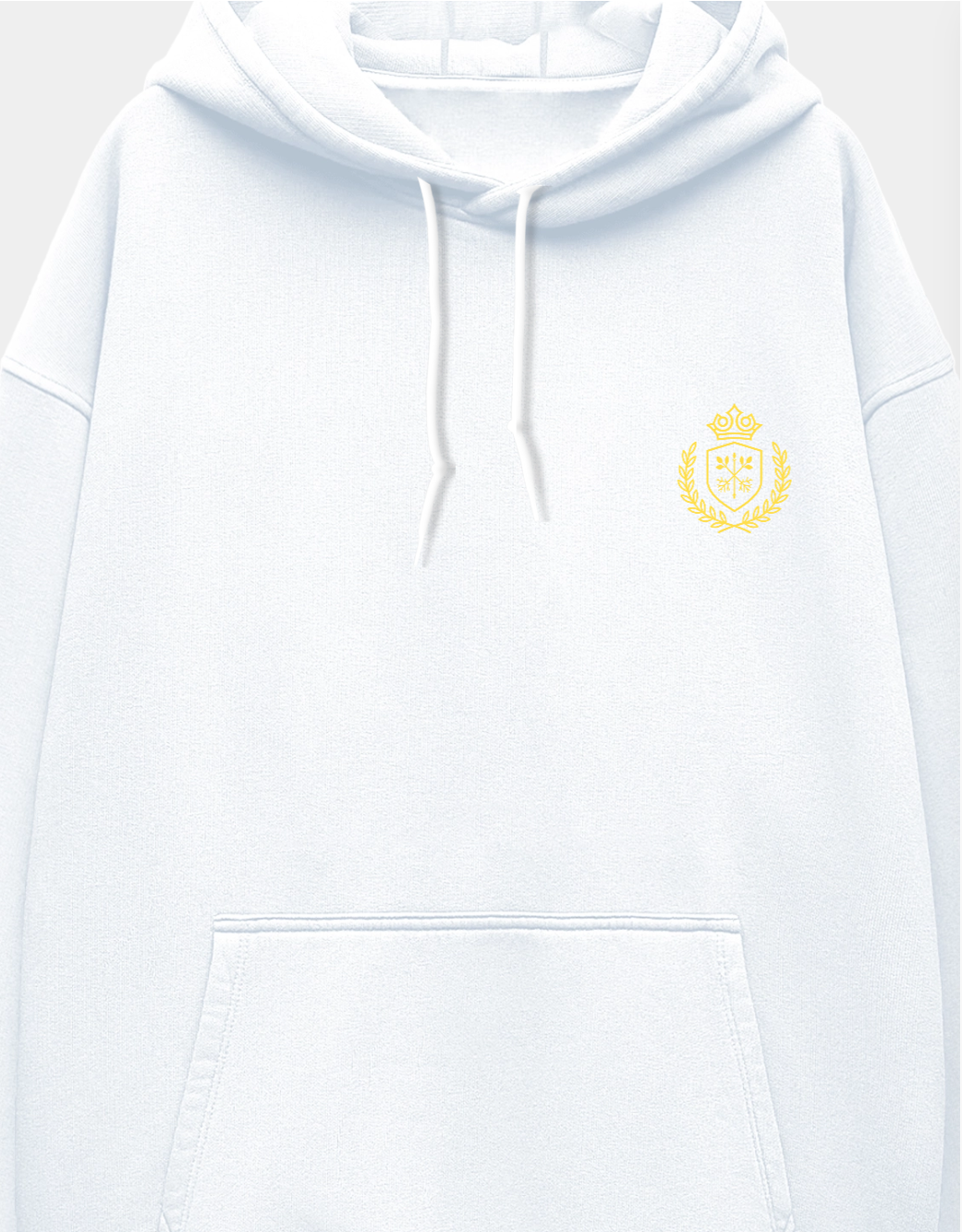 White hoodie with a yellow emblem on a light gray background