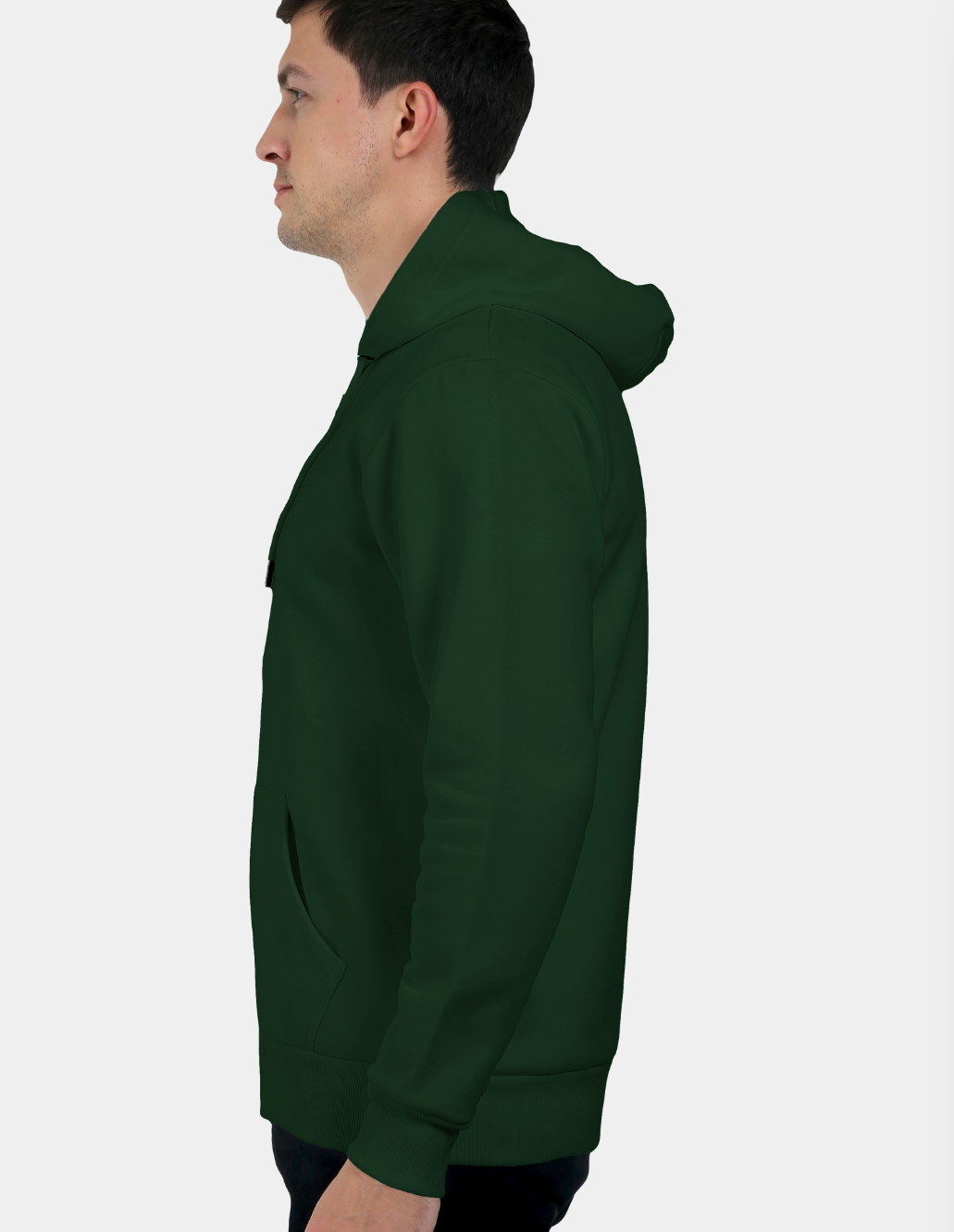 Person wearing a green hoodie on a white background