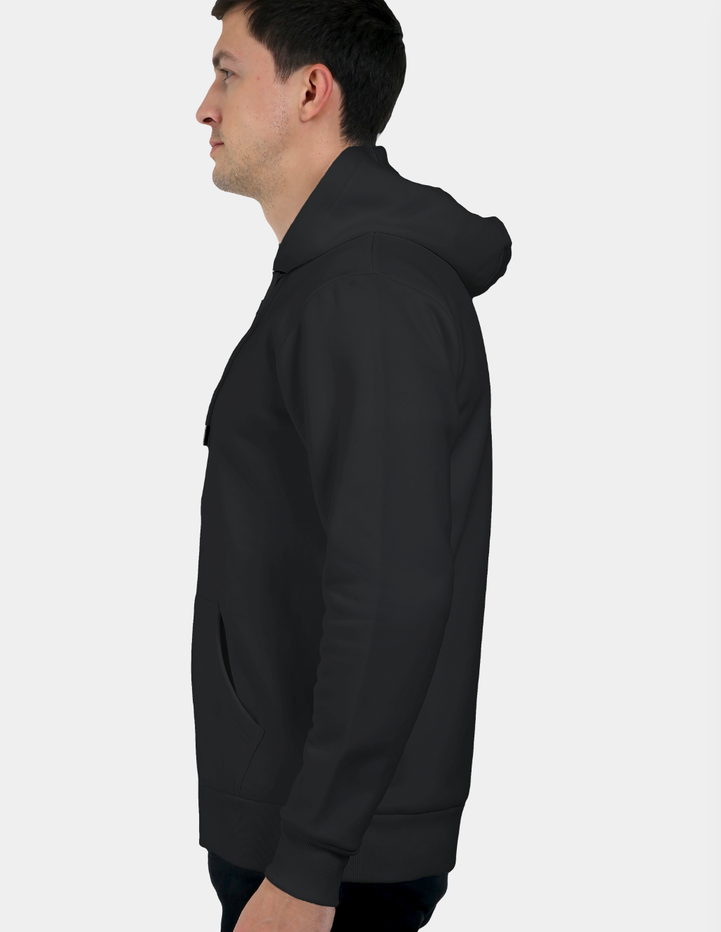 Person wearing a black hoodie on a white background