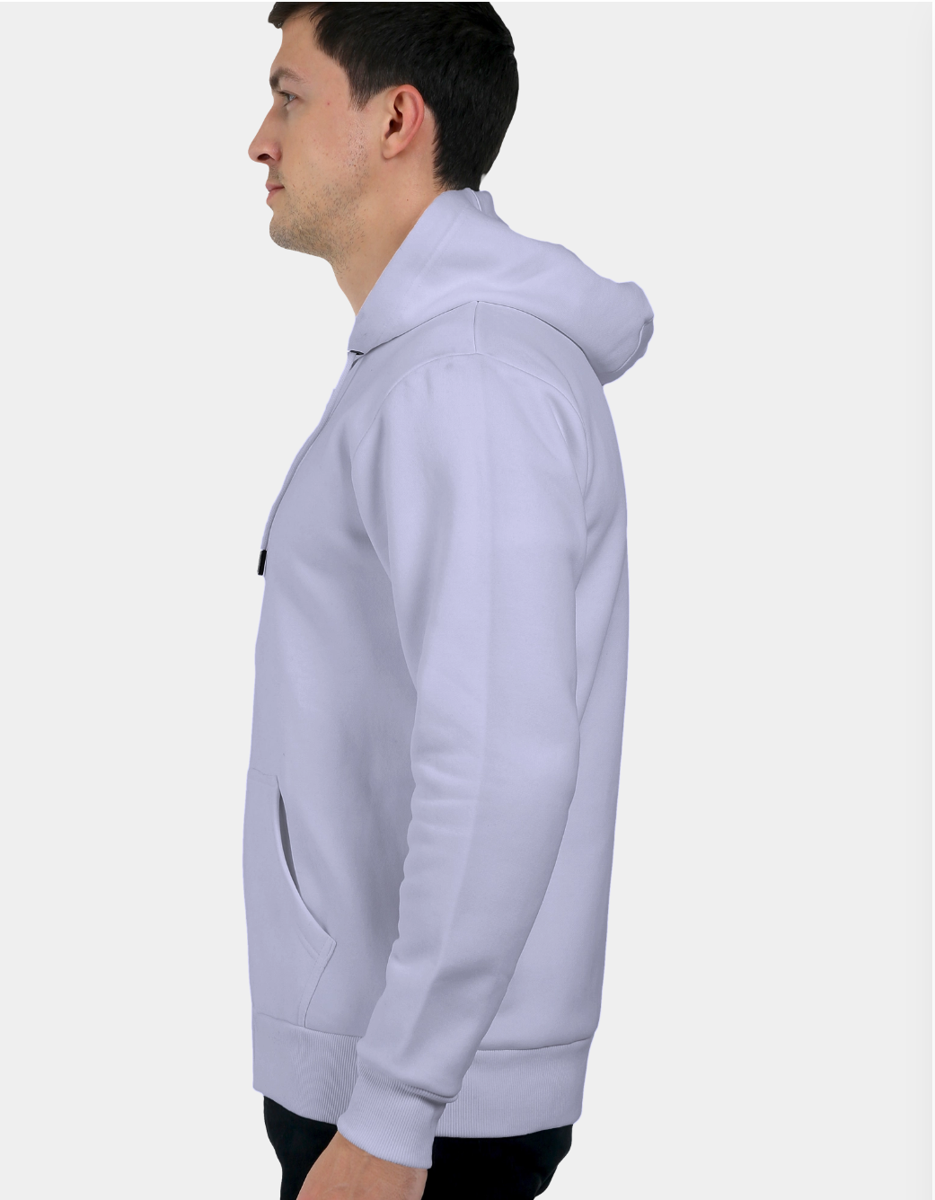 Person wearing a lavender hoodie on a white background