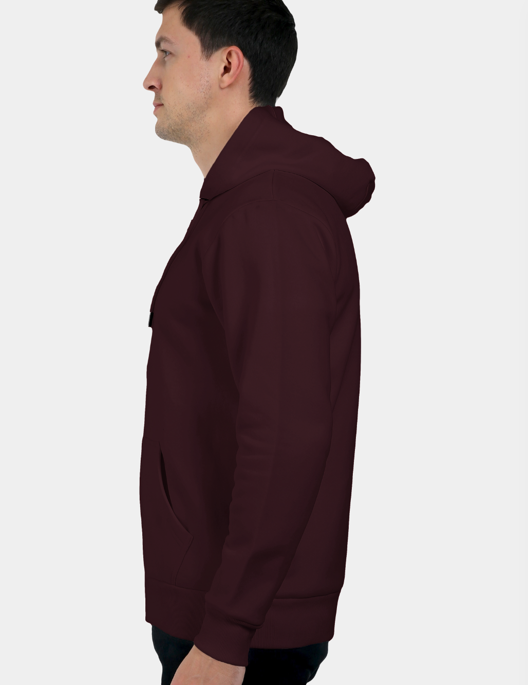Man wearing a maroon hoodie on a white background