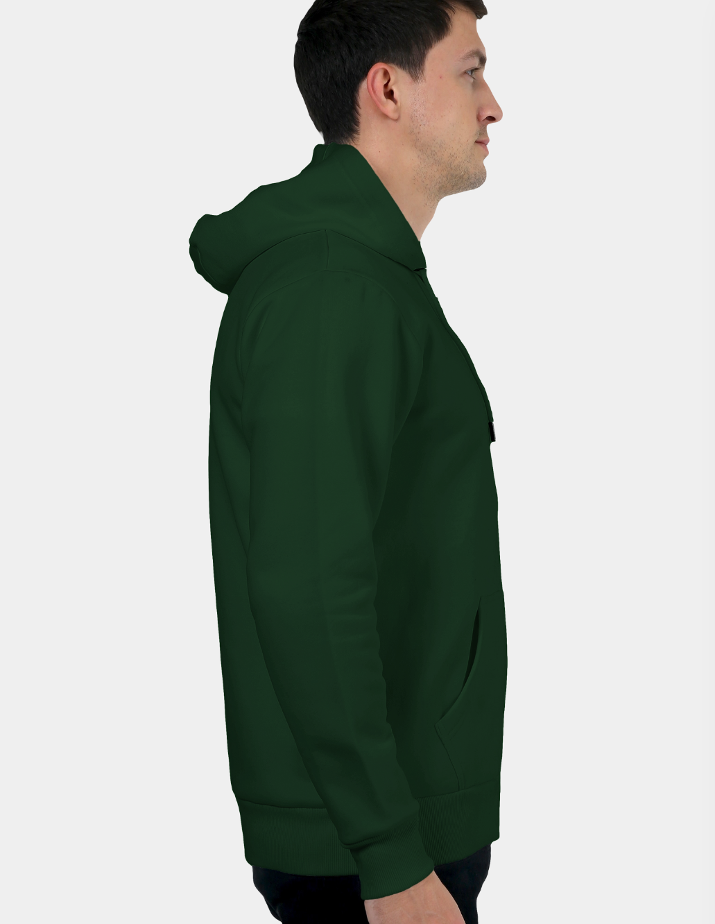 Person wearing a green hoodie on a white background