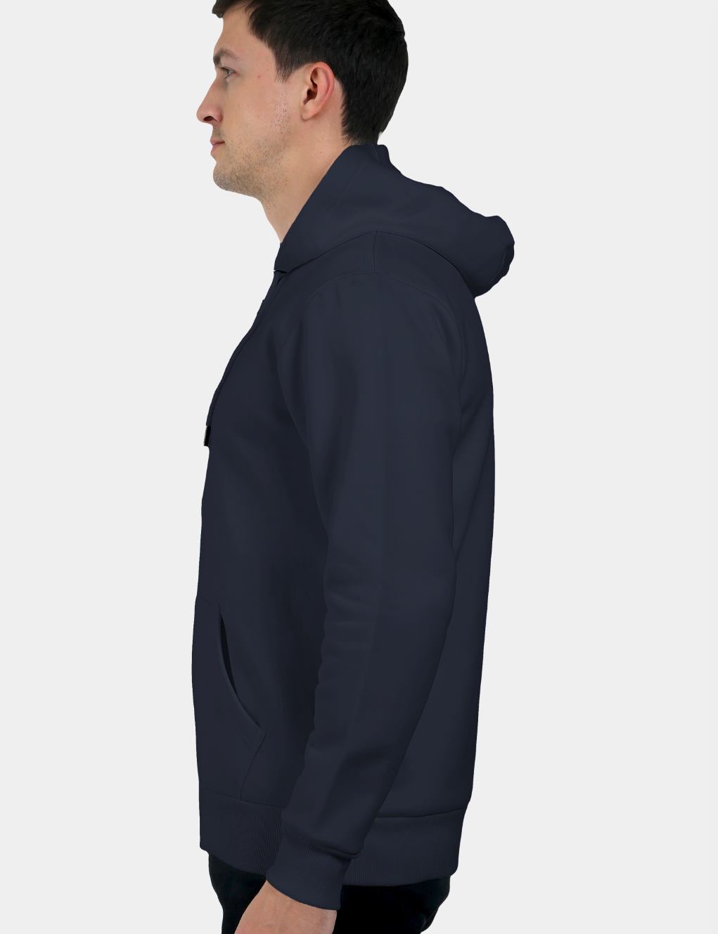 Man wearing a navy blue hoodie on a white background