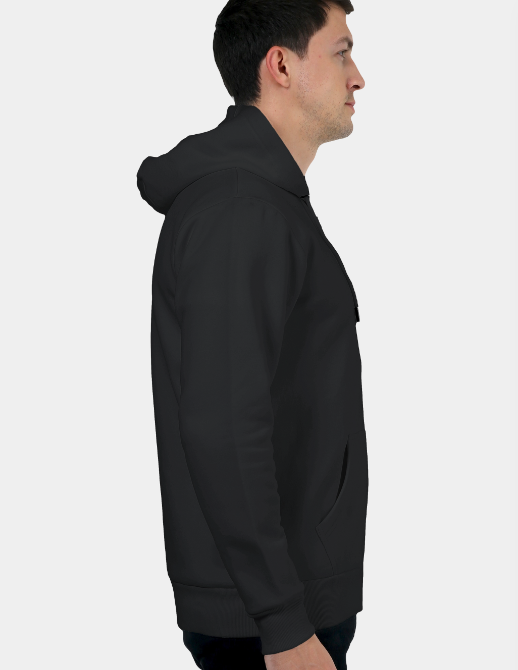 Person wearing a black hoodie against a white background
