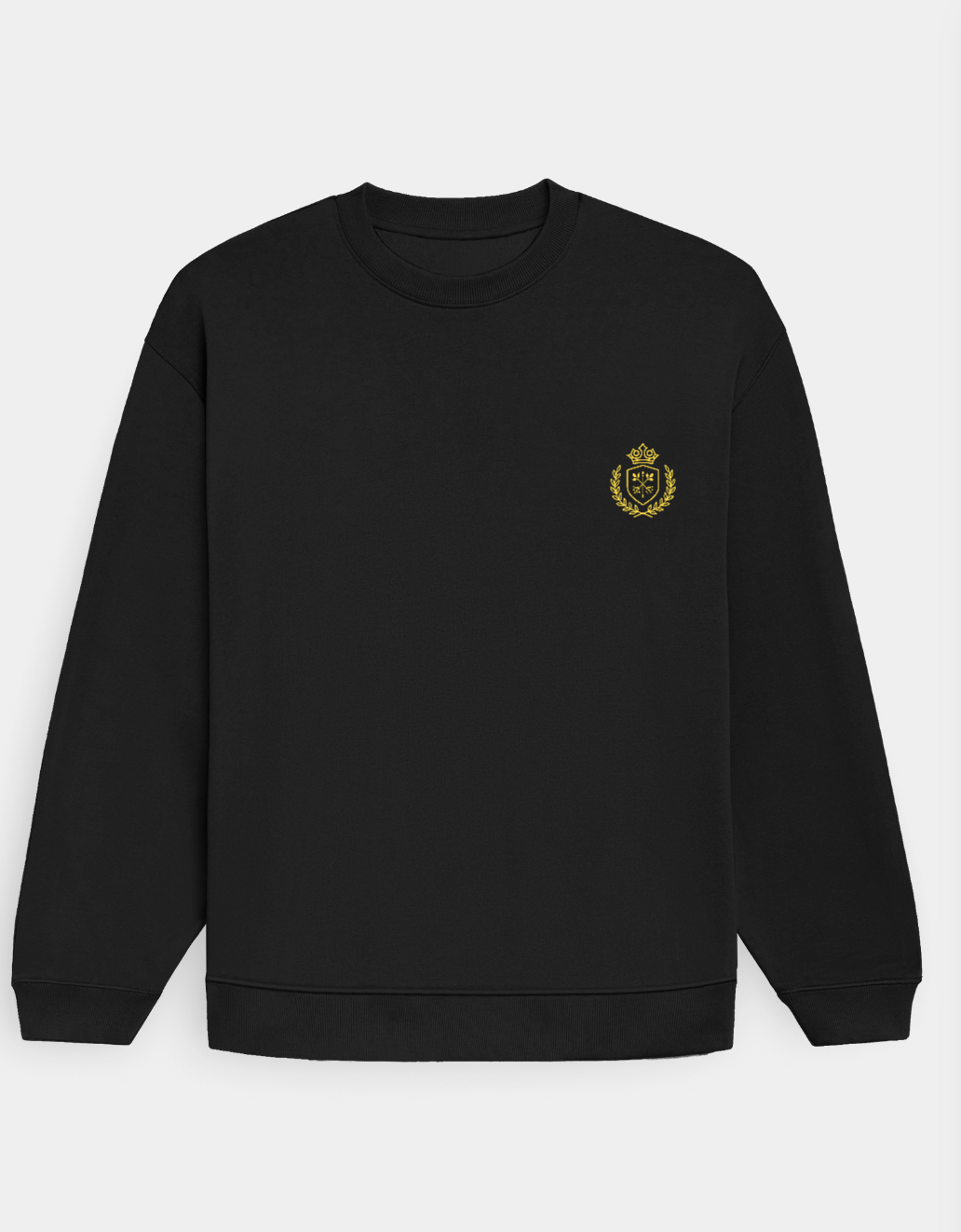 Black sweatshirt with a gold emblem on a white background