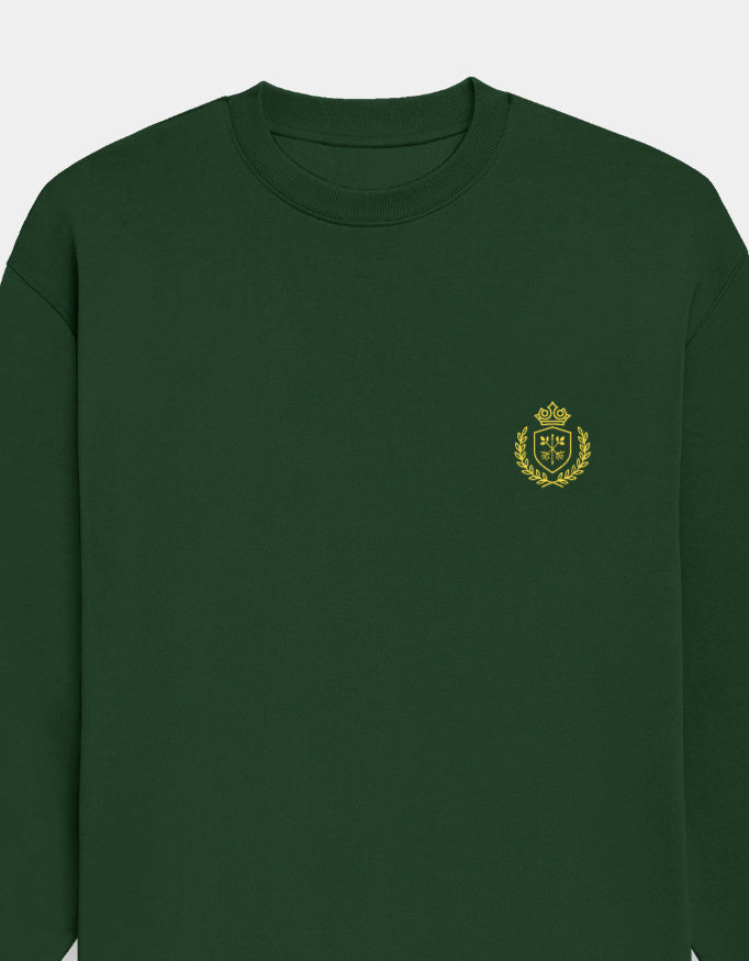 Green sweatshirt with a yellow emblem on a white background