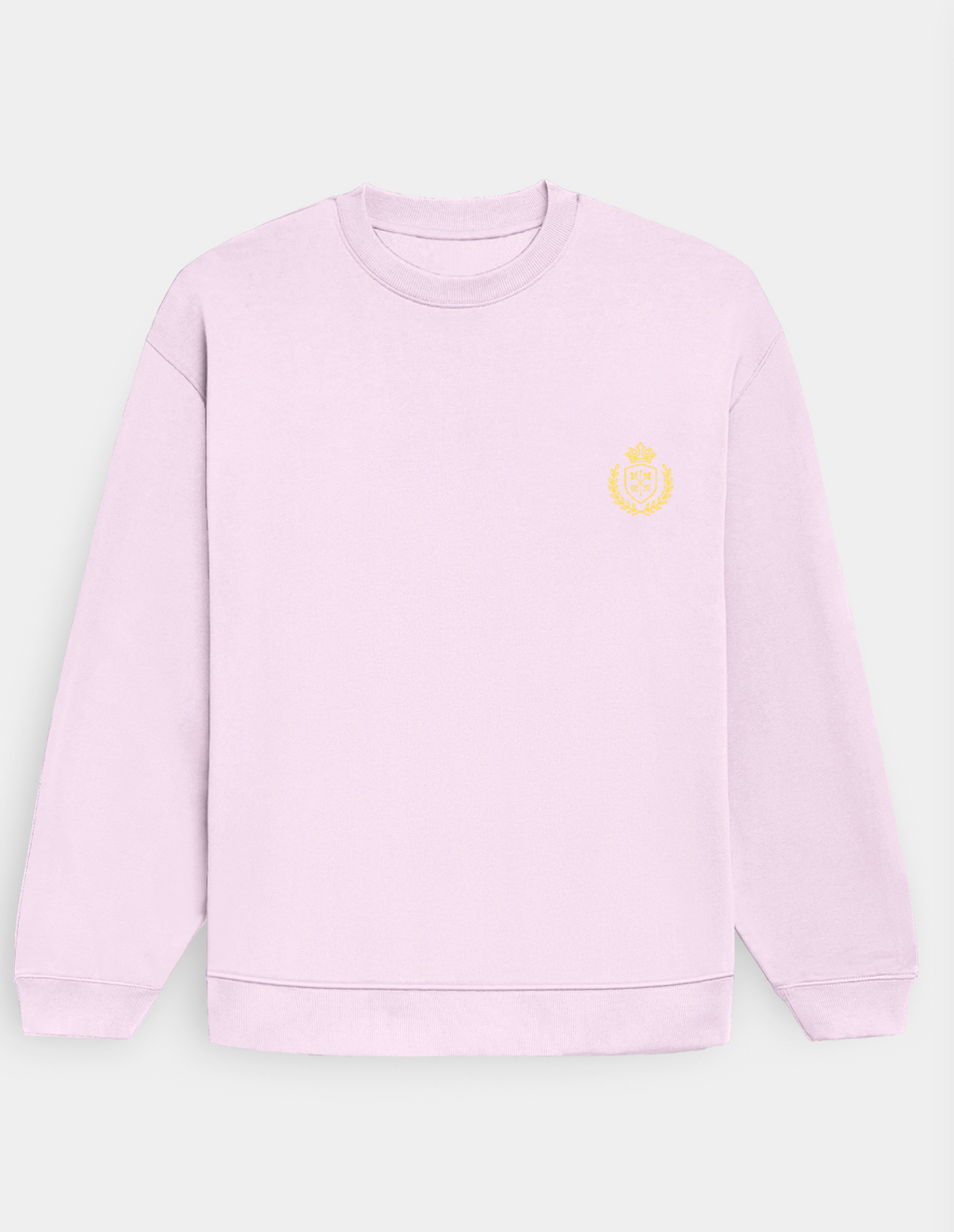 Pink sweatshirt with a yellow logo on a light gray background
