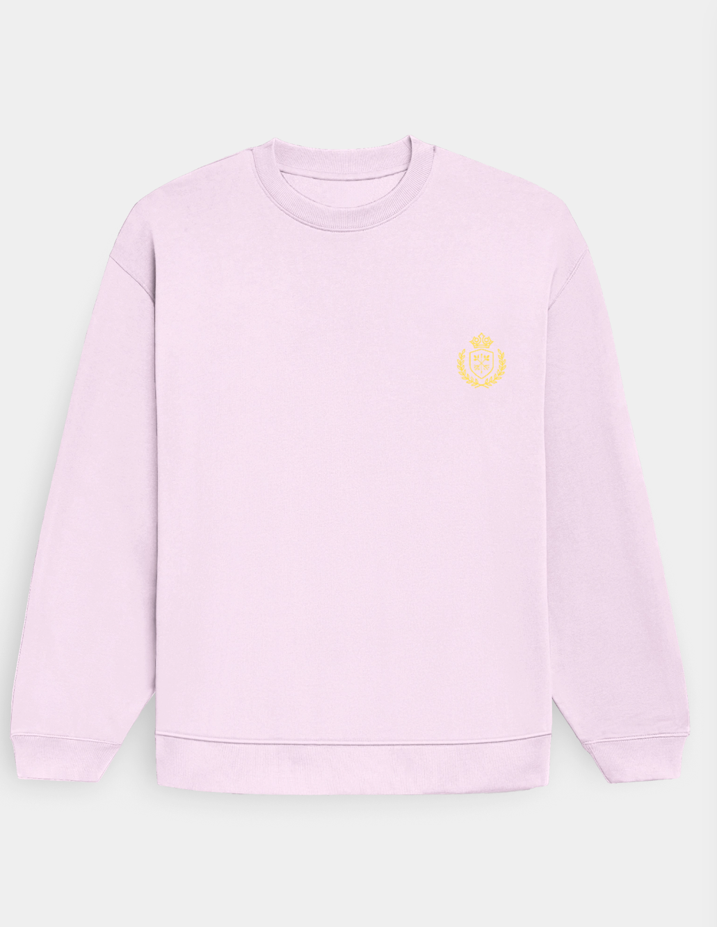 Pink sweatshirt with a yellow logo on a light gray background