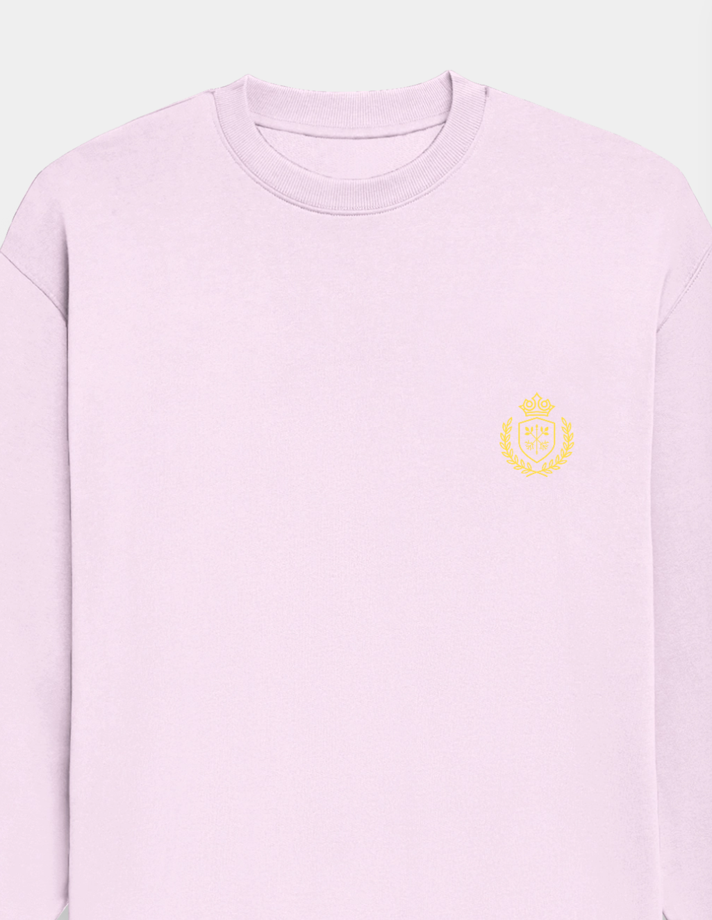 Light Pink sweatshirt with a yellow logo on a light gray background