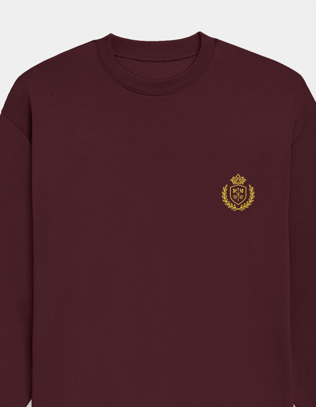 Maroon sweatshirt with a gold emblem on a white background