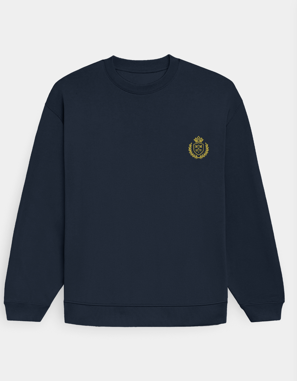 Navy blue sweatshirt with a gold emblem on a white background