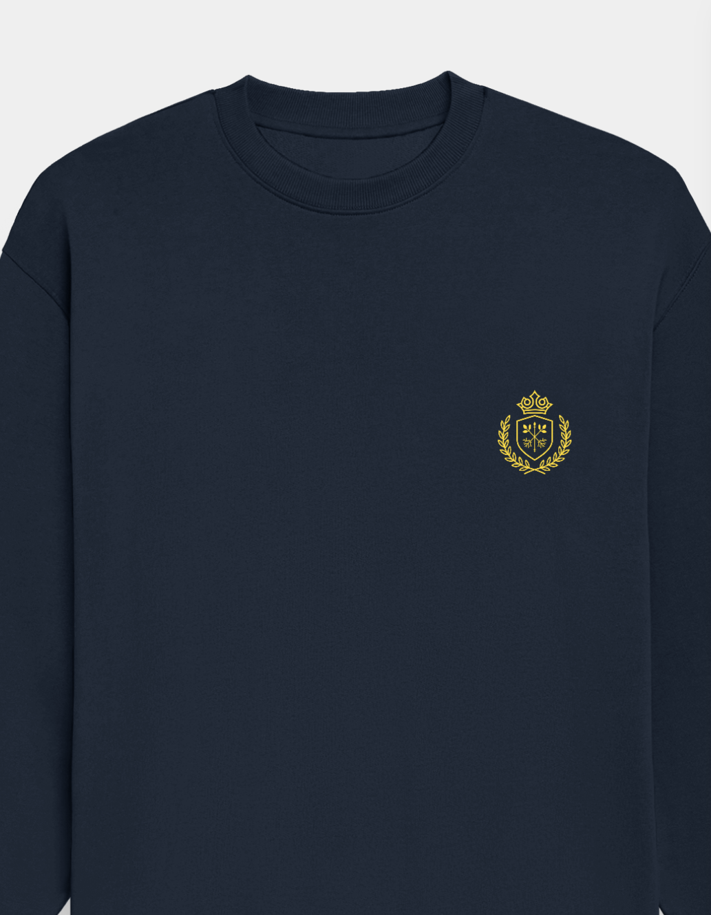 Navy blue sweatshirt with a gold emblem on a light gray background