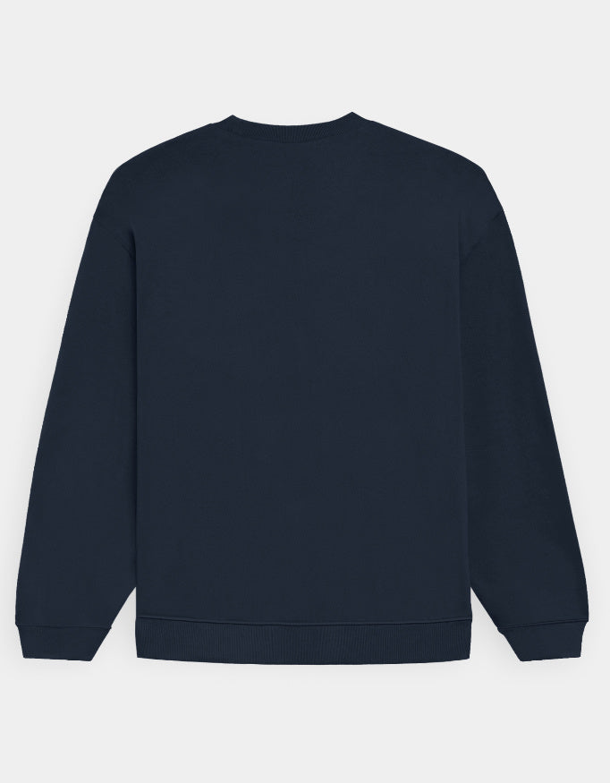 Back side of Navy blue sweatshirt on a light gray background