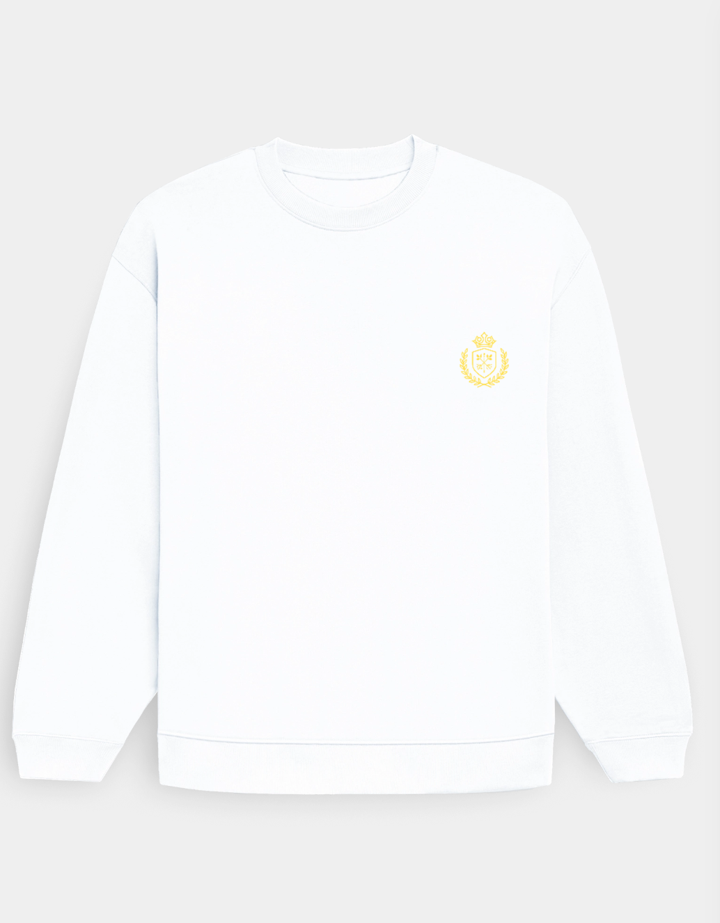 White sweatshirt with a logo on the chest against a light gray background