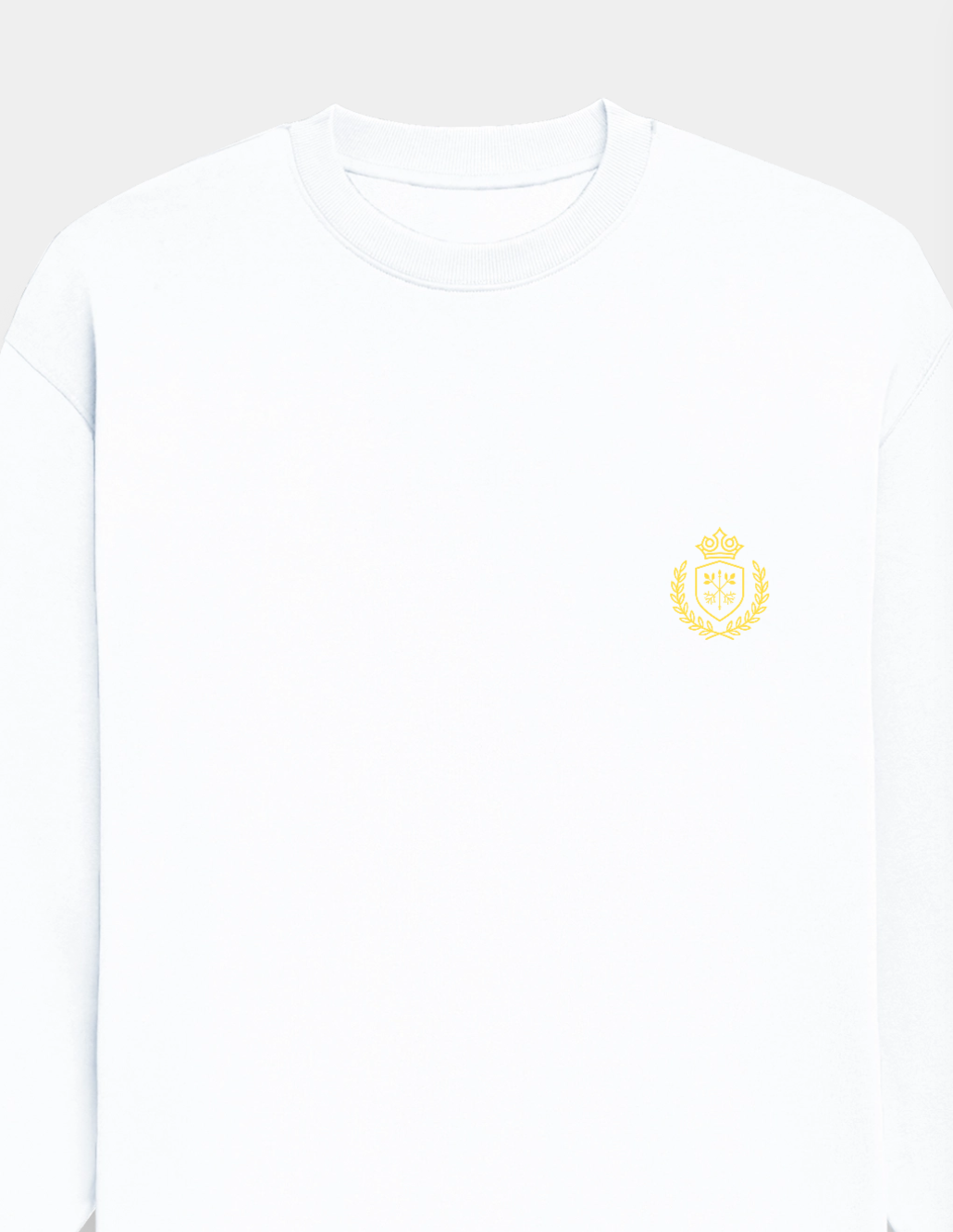 White t-shirt with a small yellow logo on a white background