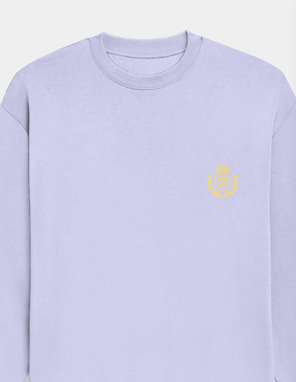 Light purple (lavender) sweatshirt with a yellow logo on a light gray background