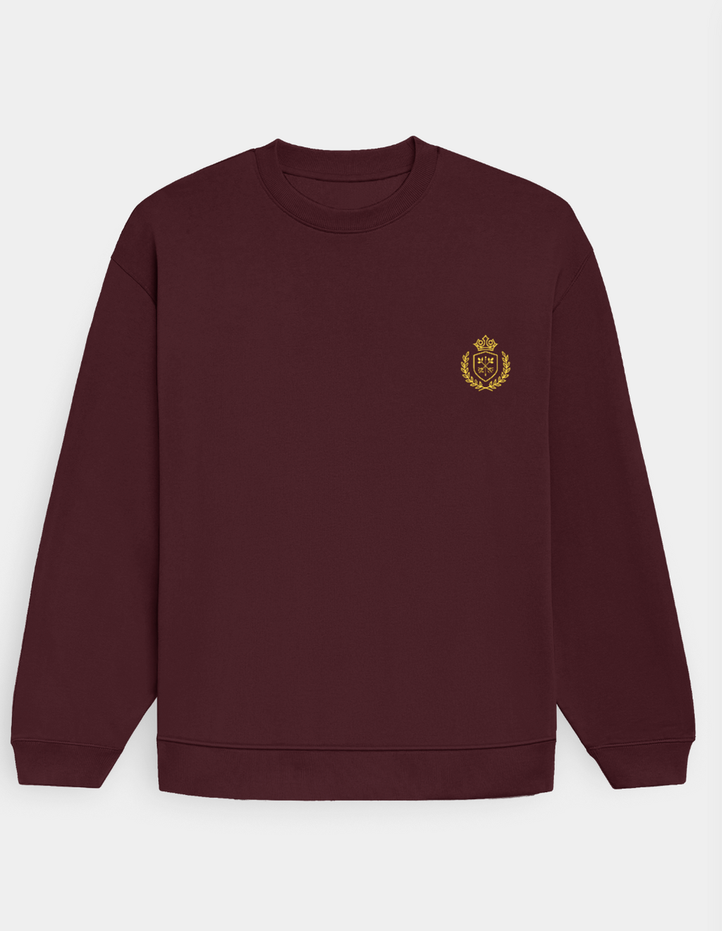 Maroon sweatshirt with a gold emblem on a white background
