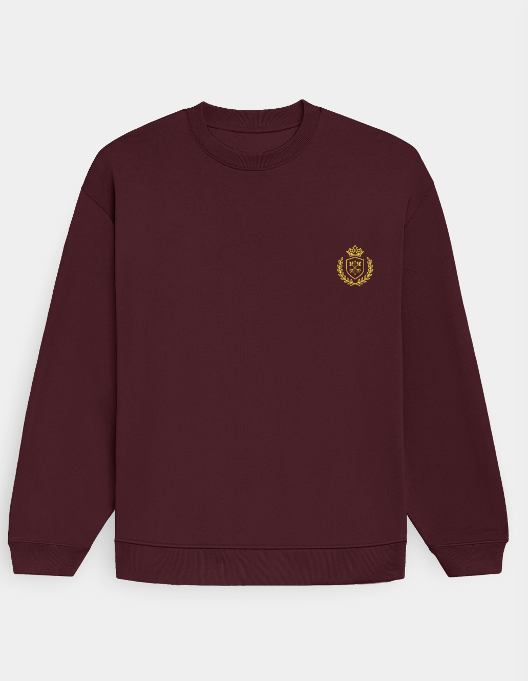 Maroon sweatshirt with a gold emblem on a white background