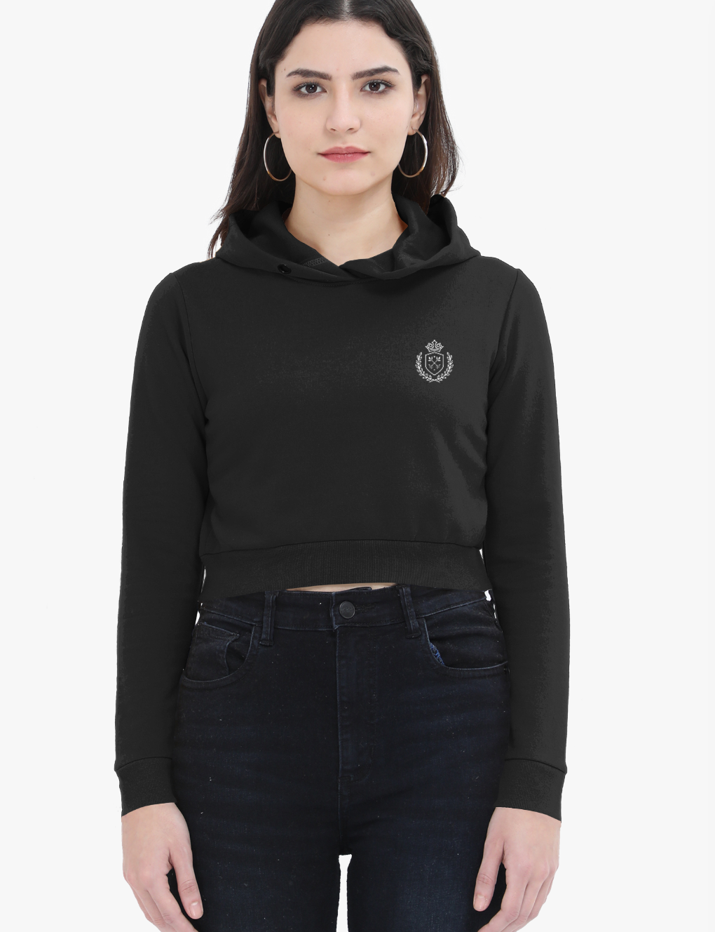 (Woman wearing a black cropped hoodie with a small logo on a white background)
Crestcrop Cropped Hoodie – Women’s 320 GSM Fleece – Minimalist Fit – CozyVora