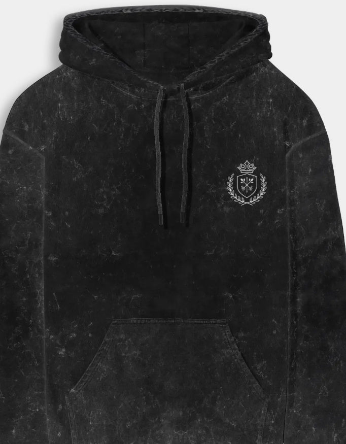 Black hoodie with a logo on the chest against a white background