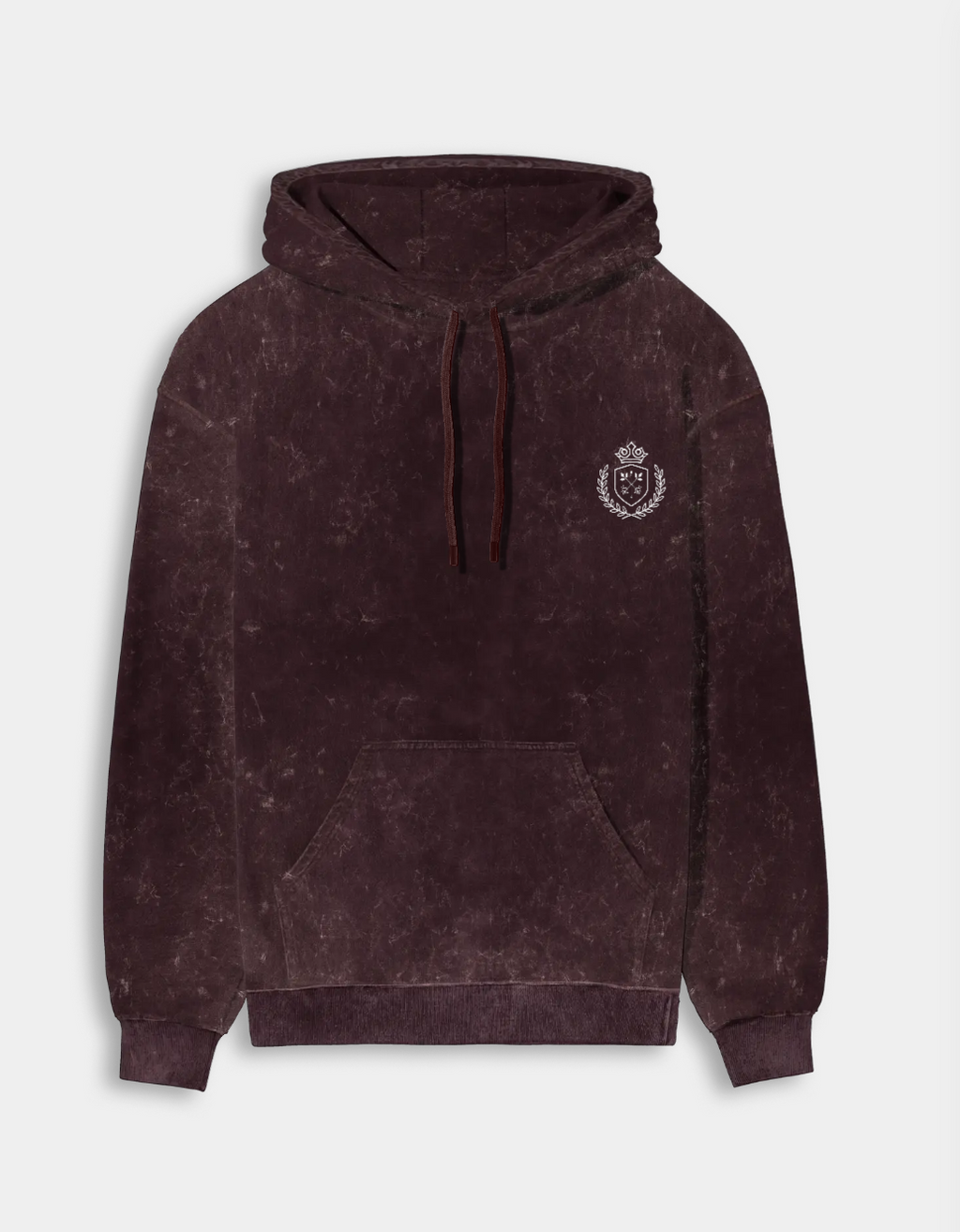 Brown hoodie with a logo on a light gray background