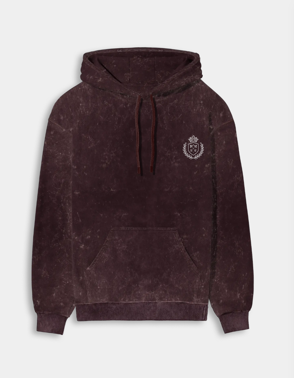 Brown hoodie with a logo on a light gray background