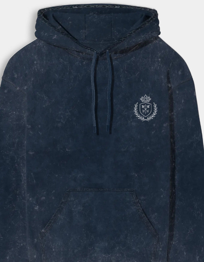 Navy blue hoodie with a logo on the chest against a light gray background