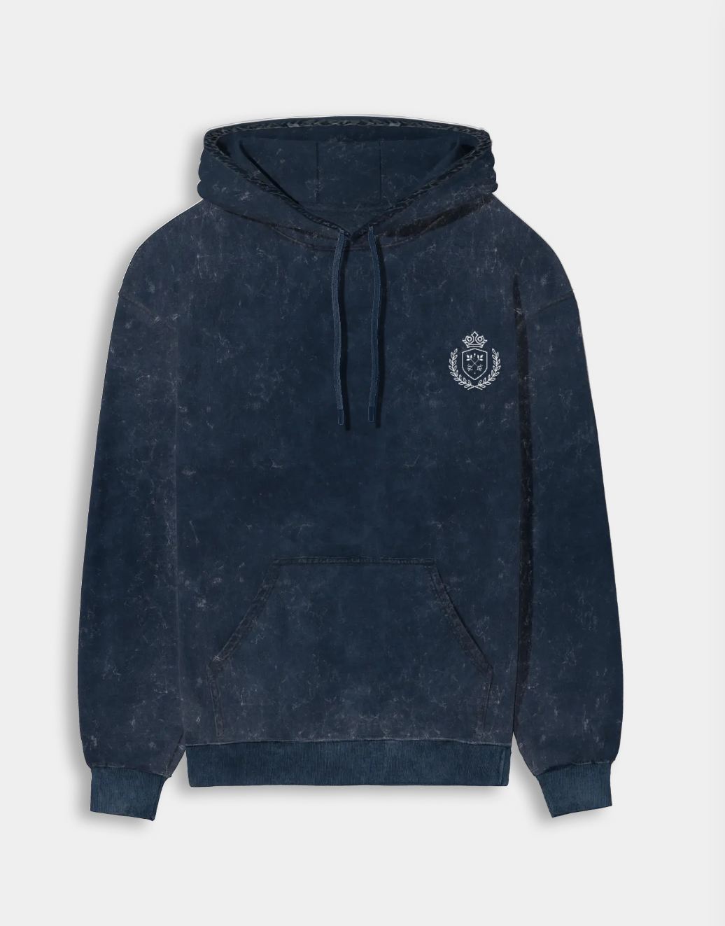 Navy blue hoodie with a logo on a white background